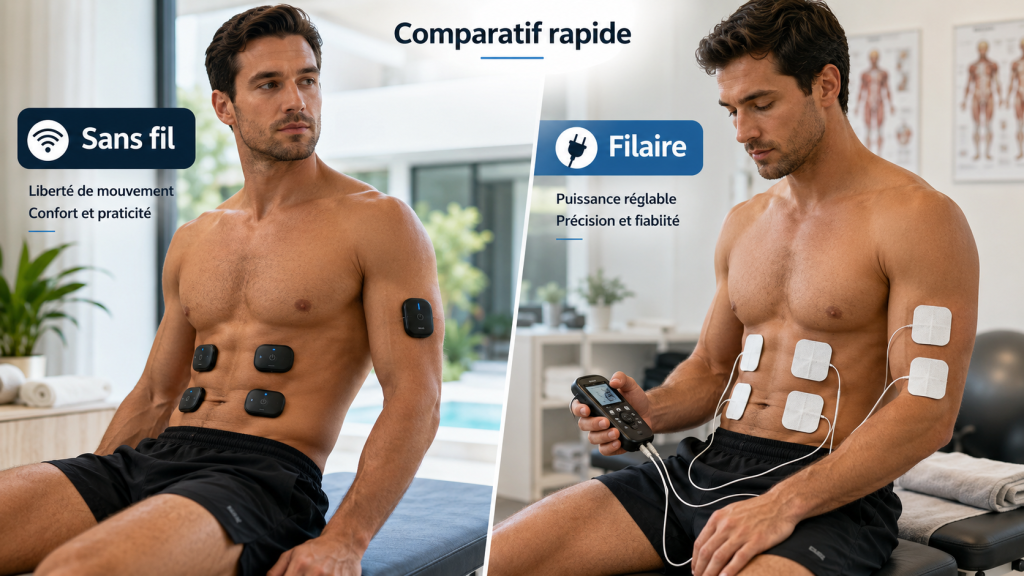 Électrostimulateur sans fil ou filaire : un comparatif visuel pour comprendre les différences entre mobilité, praticité, précision et confort d’utilisation.