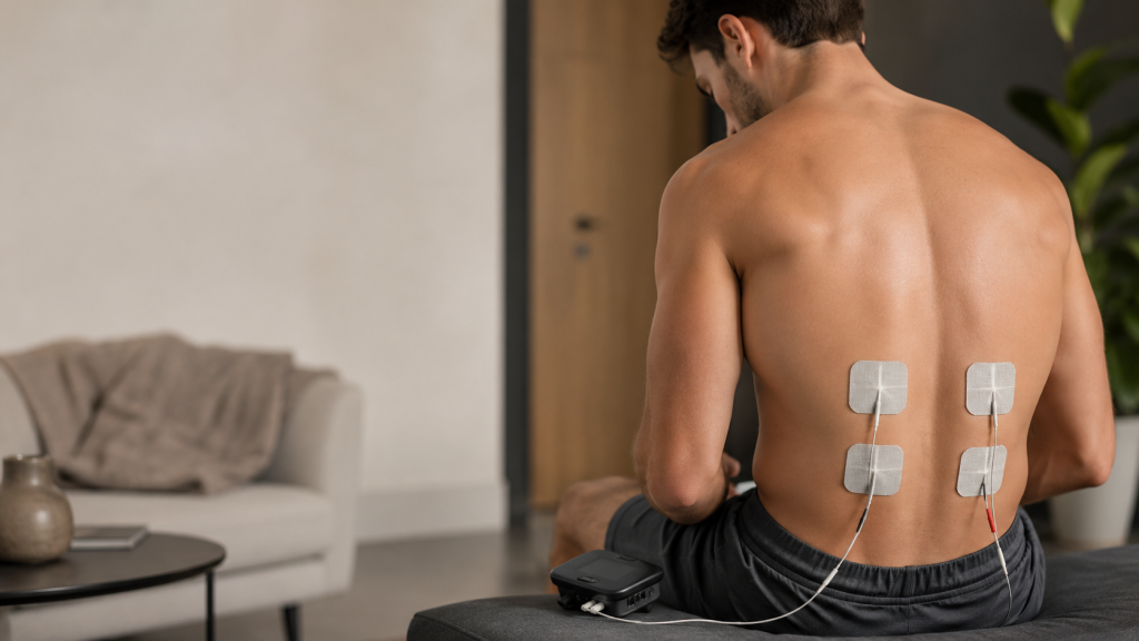 Homme utilisant un électrostimulateur pour le dos avec des électrodes placées sur les muscles lombaires