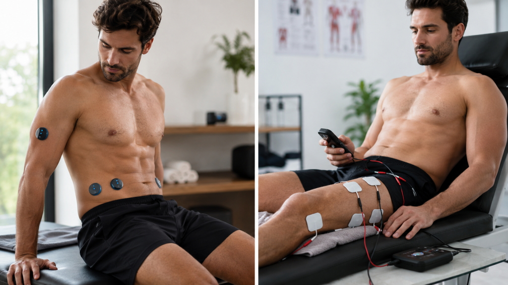 Électrostimulateur sans fil ou filaire utilisé pour la récupération musculaire avec électrodes posées sur le corps