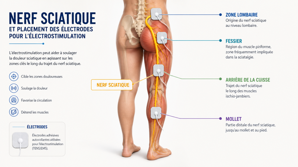 Schéma anatomique du nerf sciatique montrant les principales zones de placement des électrodes pour l’électrostimulation.