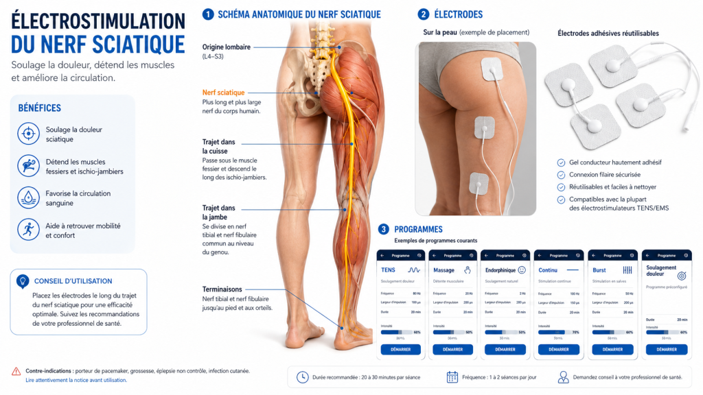 Électrostimulation du nerf sciatique avec schéma anatomique, placement des électrodes et exemples de programmes