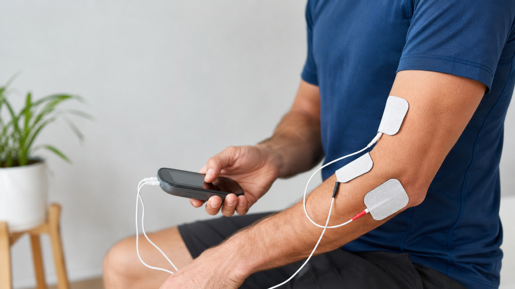 Utilisation d’un électrostimulateur avec électrodes pour accompagner la prise en charge d’une tendinite du bras ou du coude.
